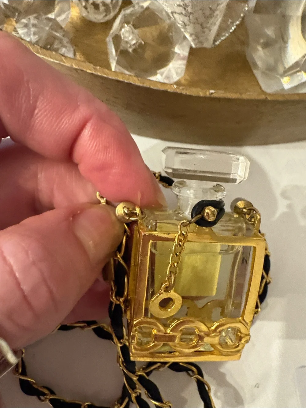 CHANEL Gold and Clear N°19 Perfume Bottle Pendant Necklace